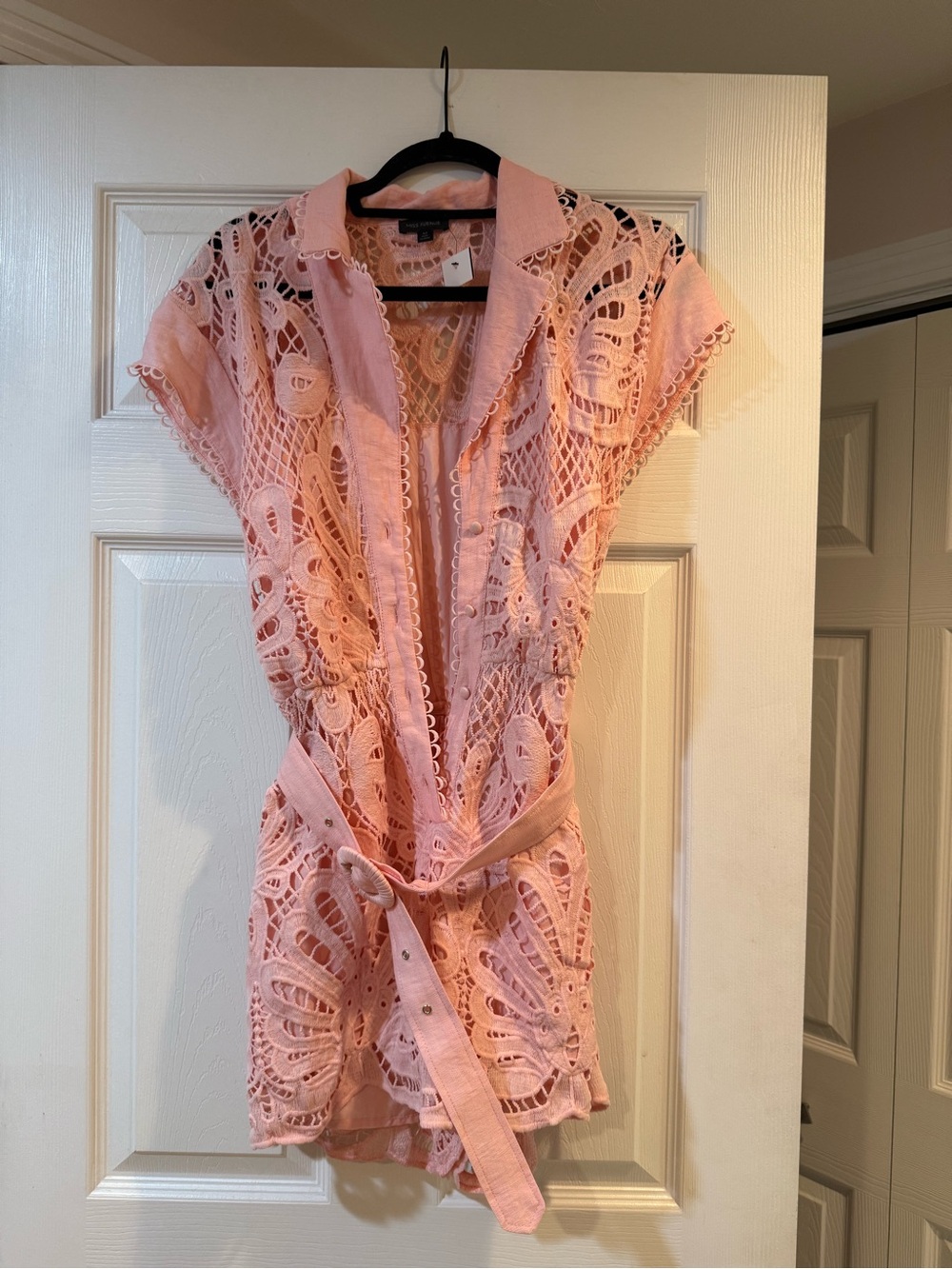 Miss Avenue Pink Crochet Romper with Self Tie Belt